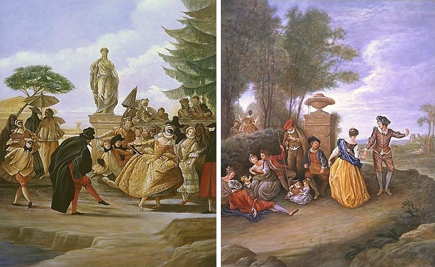 Twee kopieën geschilderd voor het plafond van een danszaal, eentje naar Tiepolo en het andere werk naar Watteau Tiepolo en Watteau